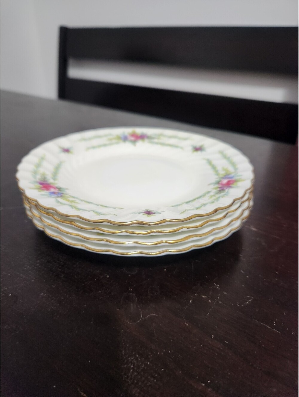 Set Of 4 Minton Chiltern Porcelain Bread Plates, Scalloped, Gold Rim 6 in
